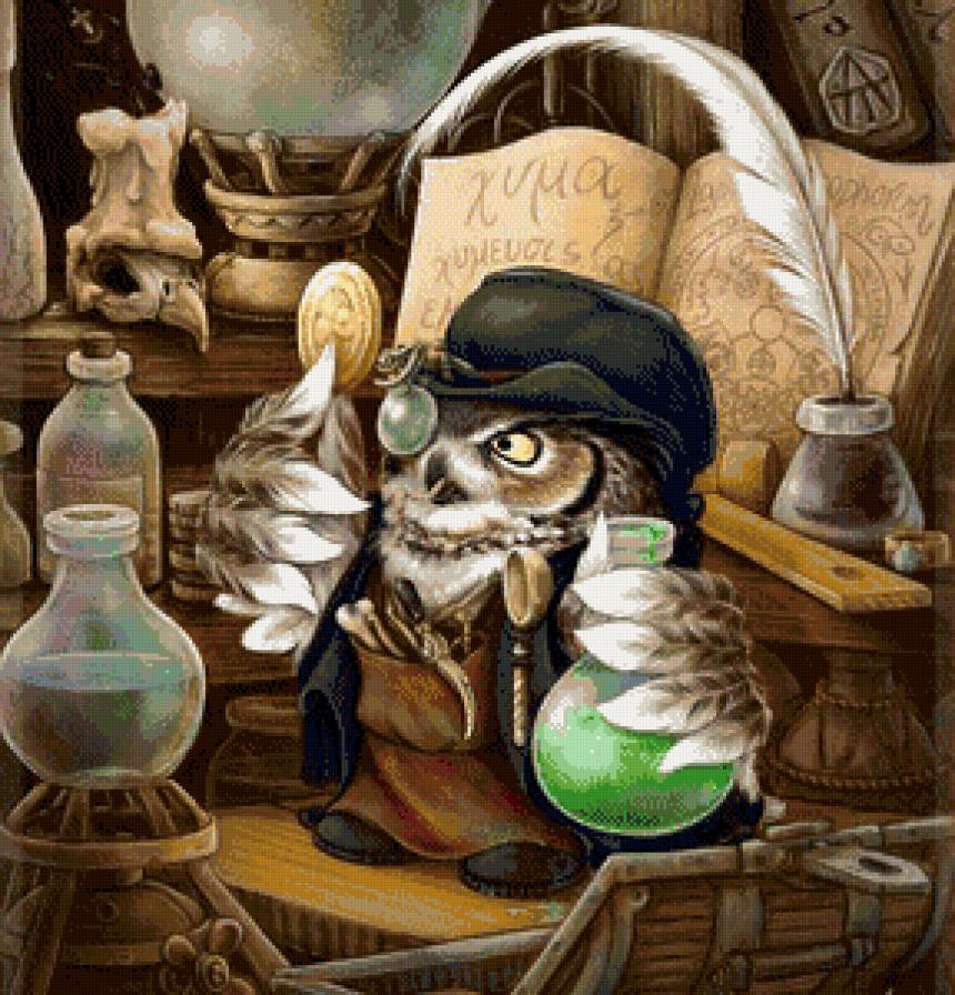 Серия "Пернатые" Алхимик" - ученая сова, сказка, птица, фантазия - предпросмотр