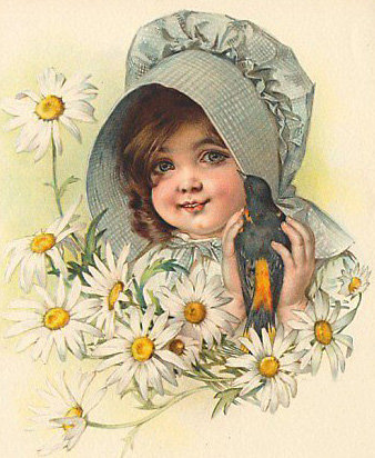 Девочка - ретро, девочка, птицы, цветы - оригинал