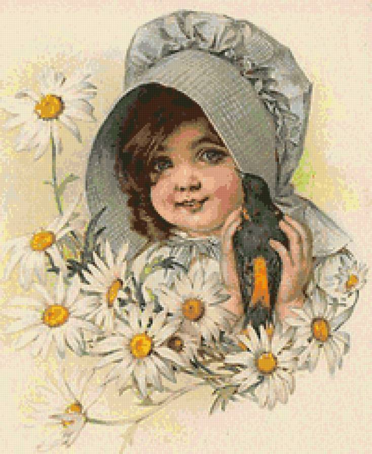 Девочка - цветы, девочка, птицы, ретро - предпросмотр