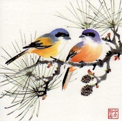 Серия " Птицы на ветке " - дерево, птицы, природа, ветки - оригинал