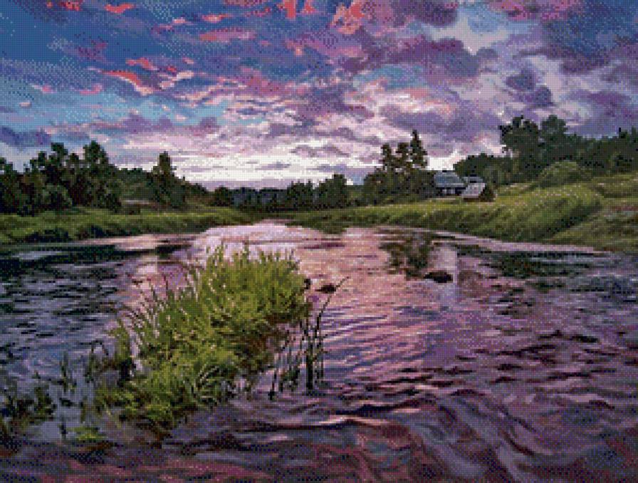 Розовый закат. - река, деревня, пейзаж - предпросмотр