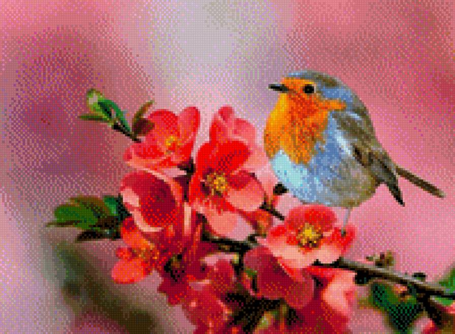 Птичка в красных цветах - предпросмотр