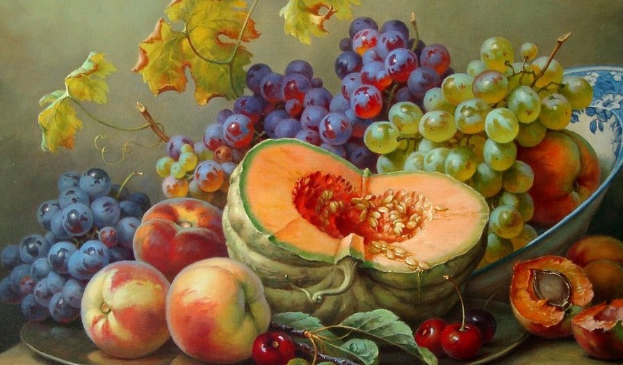 Натюрморт с тыквой - тыква, плоды, виноград, фрукты, урожай, персики, натюрморт - оригинал
