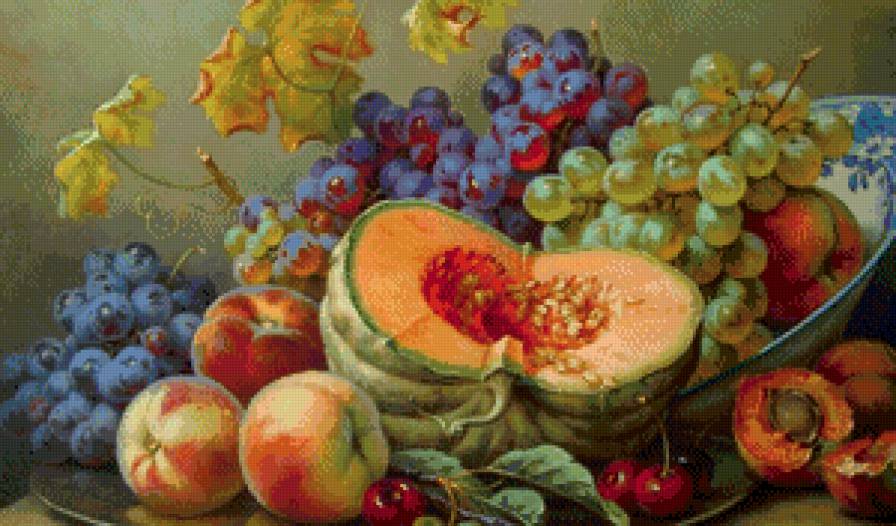 Натюрморт с тыквой - виноград, фрукты, урожай, тыква, натюрморт, персики, плоды - предпросмотр