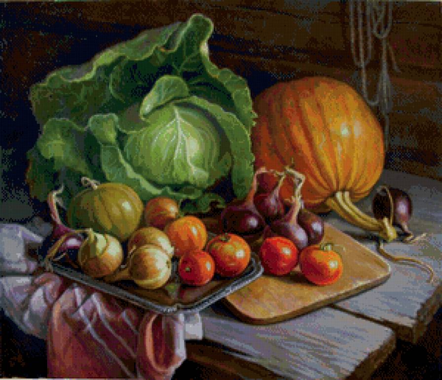 Натюрморт с тыквой II - плоды, урожай, капуста, томаты, лук, тыква, натюрморт - предпросмотр