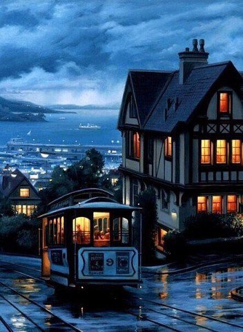 вечерний  трамвайчик - море, вечер, город, трамвай - оригинал