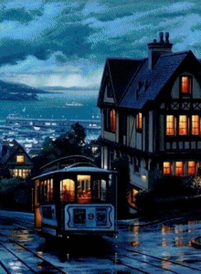 вечерний  трамвайчик - город, вечер, море, трамвай - предпросмотр