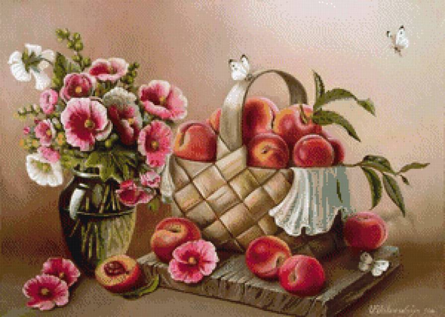корзина с персиками - фрукты, натюрморт, корзина - предпросмотр
