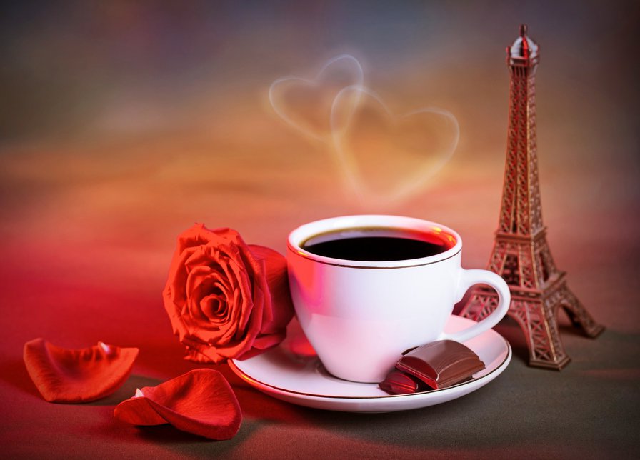 Чашечка кофе и роза - шоколад, кофе, роза, эфилева башня - оригинал