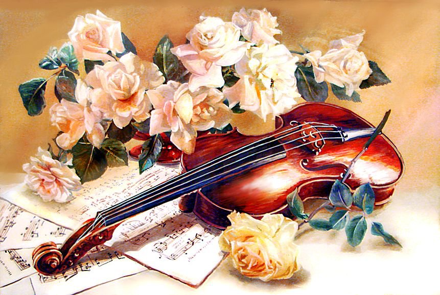 натюрморт со скрипкой - музыка, ноты, натюрморт, живопись, цветы, скрипка - оригинал