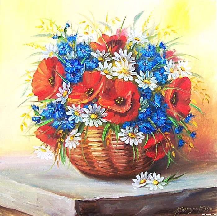 маки, васильки и ромашки в корзине - лето, натюрморт, цветы, маки, корзина, васильки, ромашки - оригинал