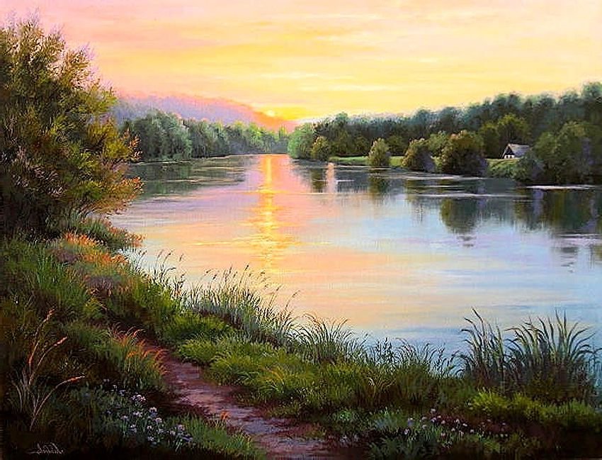 закат на реке - лето, природа, река, лес, закат, пейзаж, живопись - оригинал