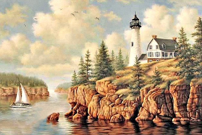 маяк - море, парусник, маяк, скалистый берег - оригинал