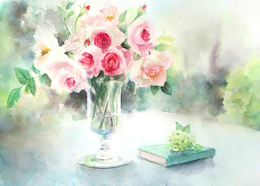 нежные акварельные розы - цветы, натюрморт, живопись, букет, ваза, книга, розы, нежность - оригинал