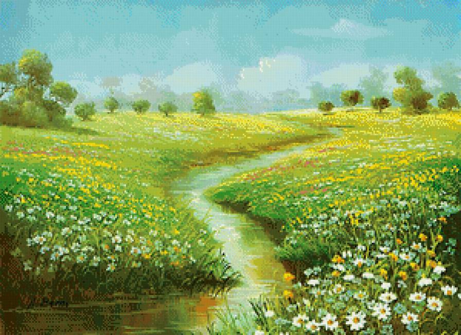 речушка через ромашковое поле - пейзаж, ромашки, цветы, лето, живопись, река, природа - предпросмотр