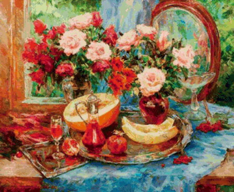 натюрморт маслом с цветами и фруктами - еда, дыня, кухня, цветы, вино, виноград, натюрморт, фрукты - предпросмотр