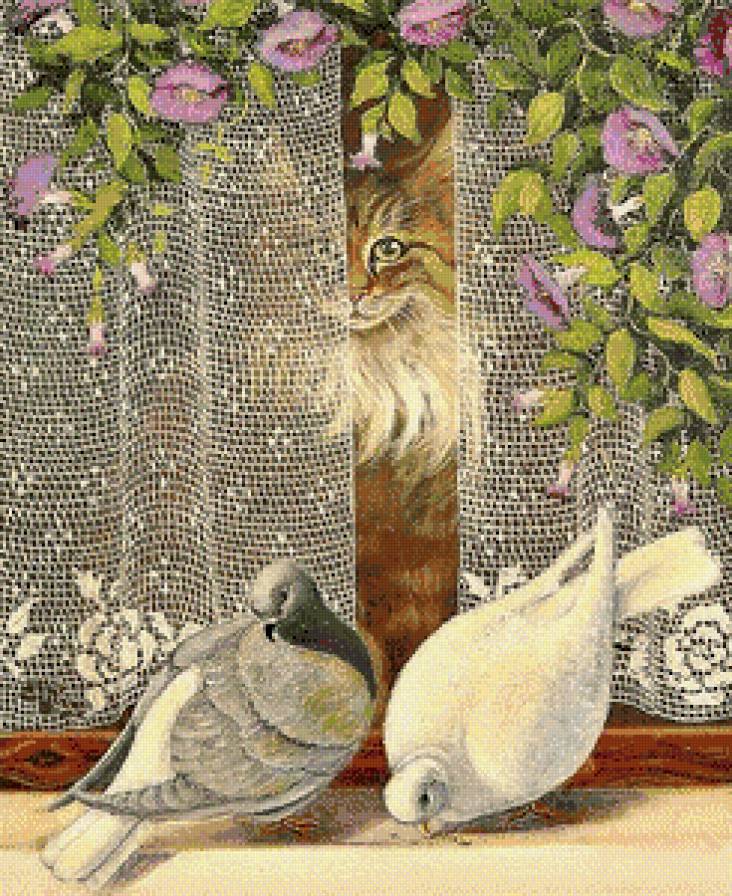 Серия "Домашние любимцы" Голуби" - рыжий кот, птицы, цветы, окно - предпросмотр