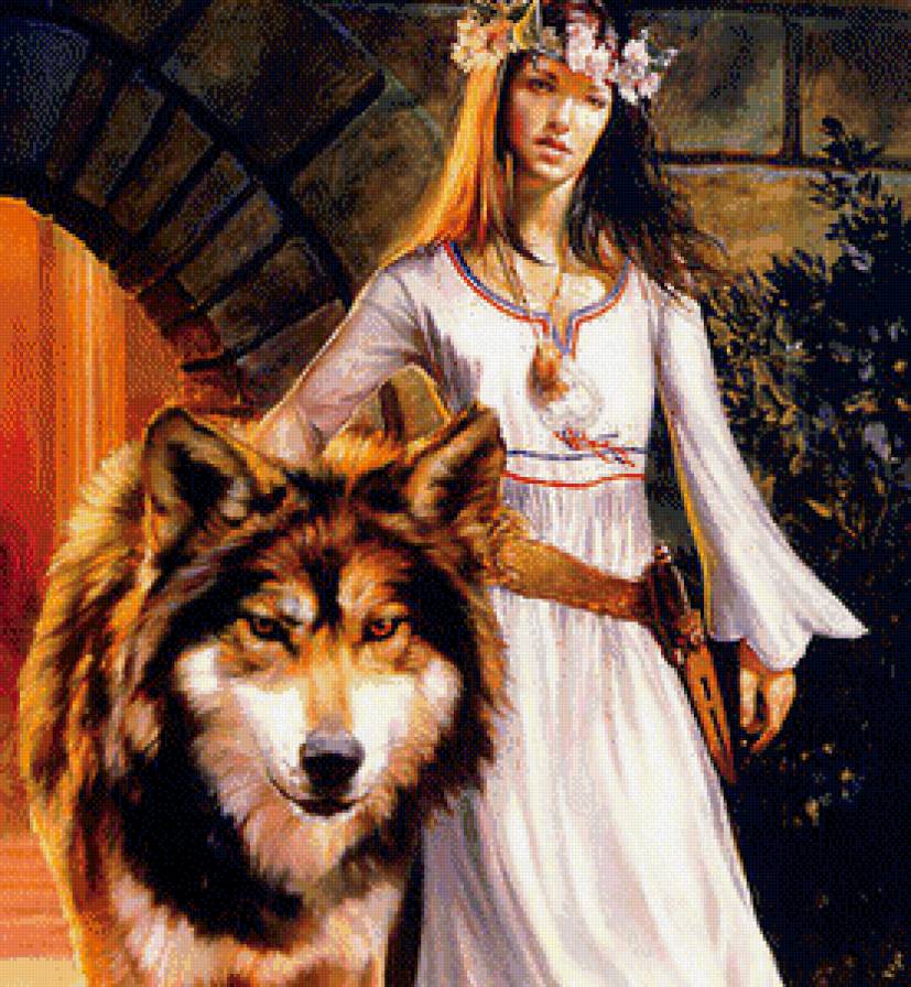 девушка и волк - волк, люди - предпросмотр