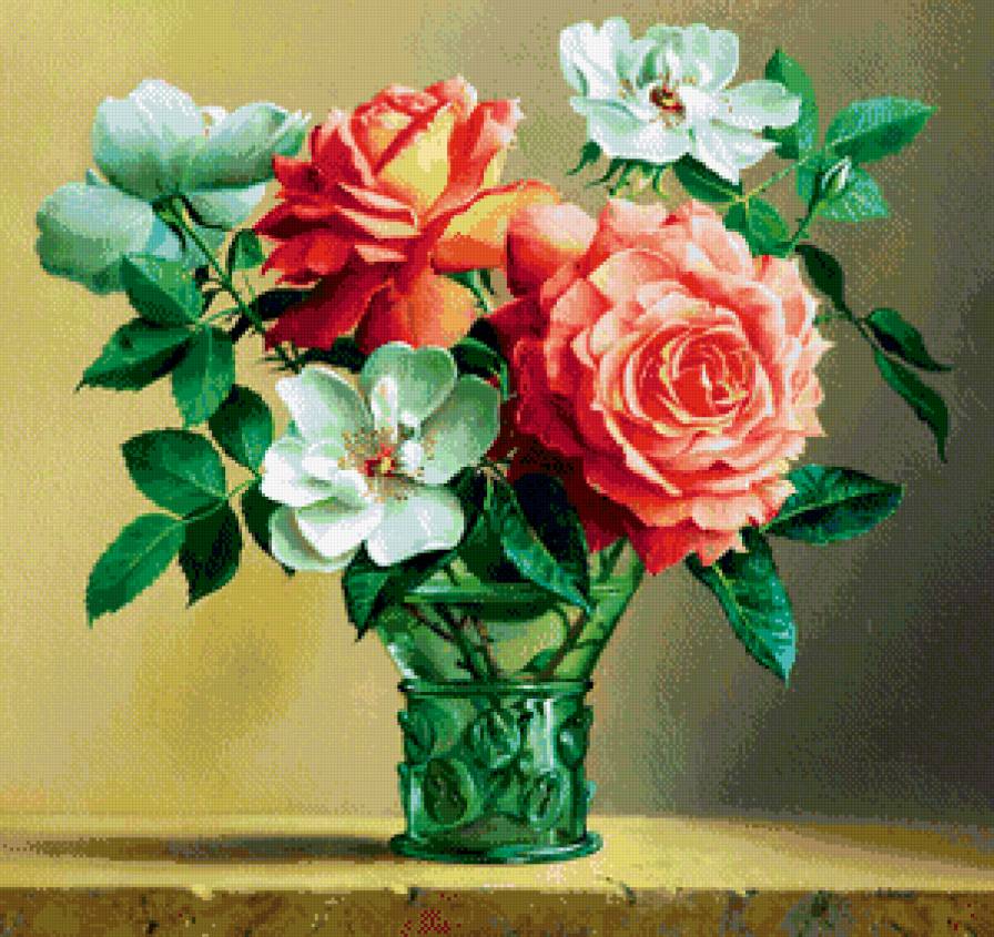 шиповник и розы в вазе - роза, цветы, ваза, натюрморт, шиповник, живопись, панно - предпросмотр
