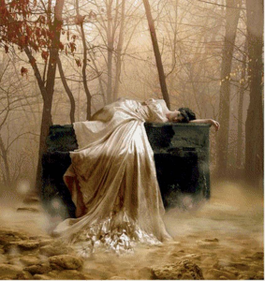 В осеннем лесу - девушка, фэнтези, рояль, осень, музыка, пианино - предпросмотр