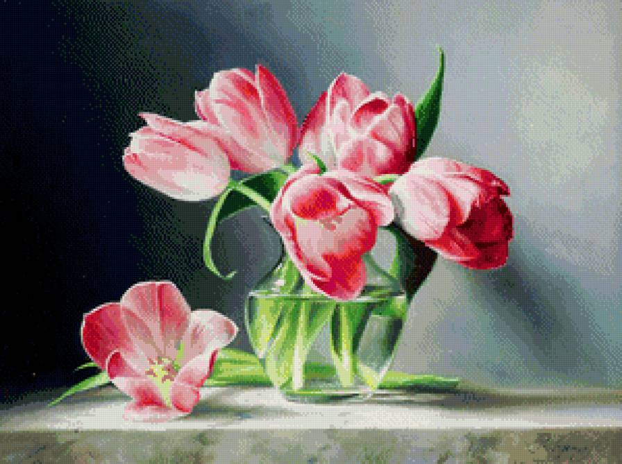 тюльпаны в вазе - живопись, весна, ваза, тюльпаны, натюрморт, цветы, букет - предпросмотр