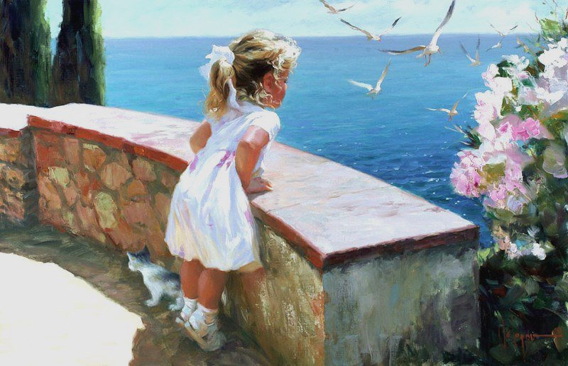 Художник Владимир Волегов - девочка, птицы, дети, живопись, море - оригинал