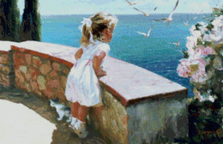 Художник Владимир Волегов - девочка, птицы, дети, живопись, море - предпросмотр