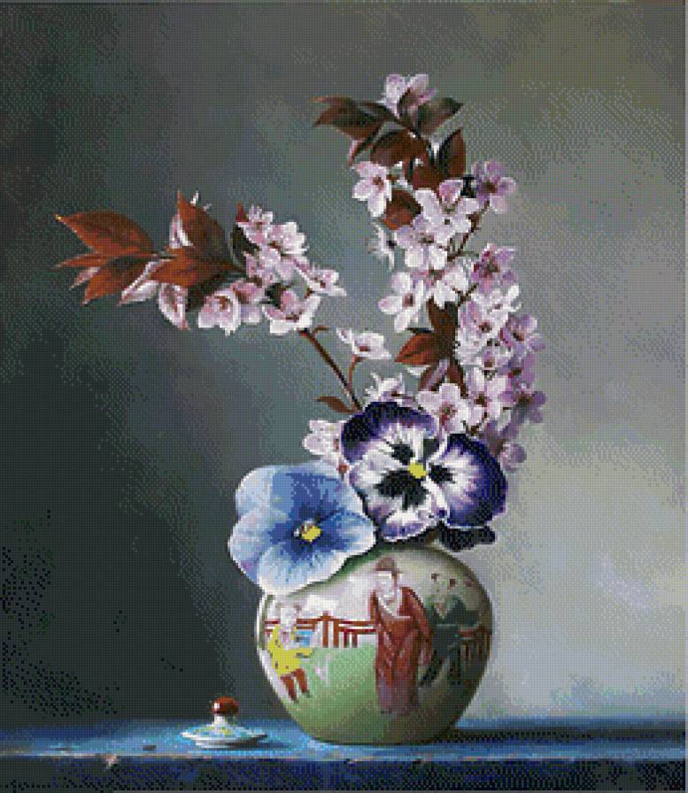 сакура и анютины глазки в японской вазе - япония, анютины глазки, восток, ваза, цветы, сакура - предпросмотр