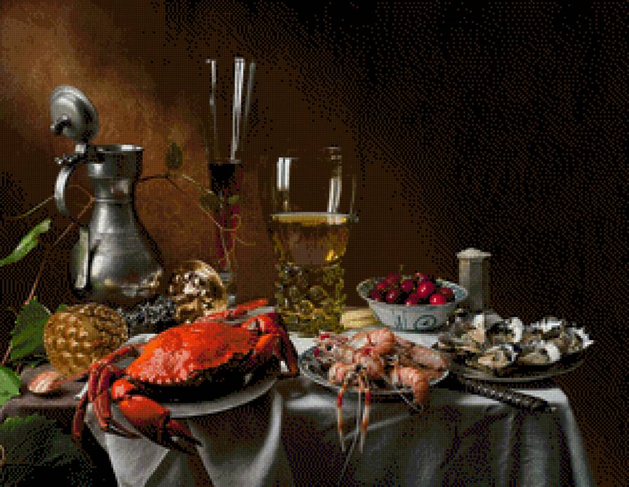 мужской натюрморт - графин, бокал, краб, мидии, вино, креветки - предпросмотр