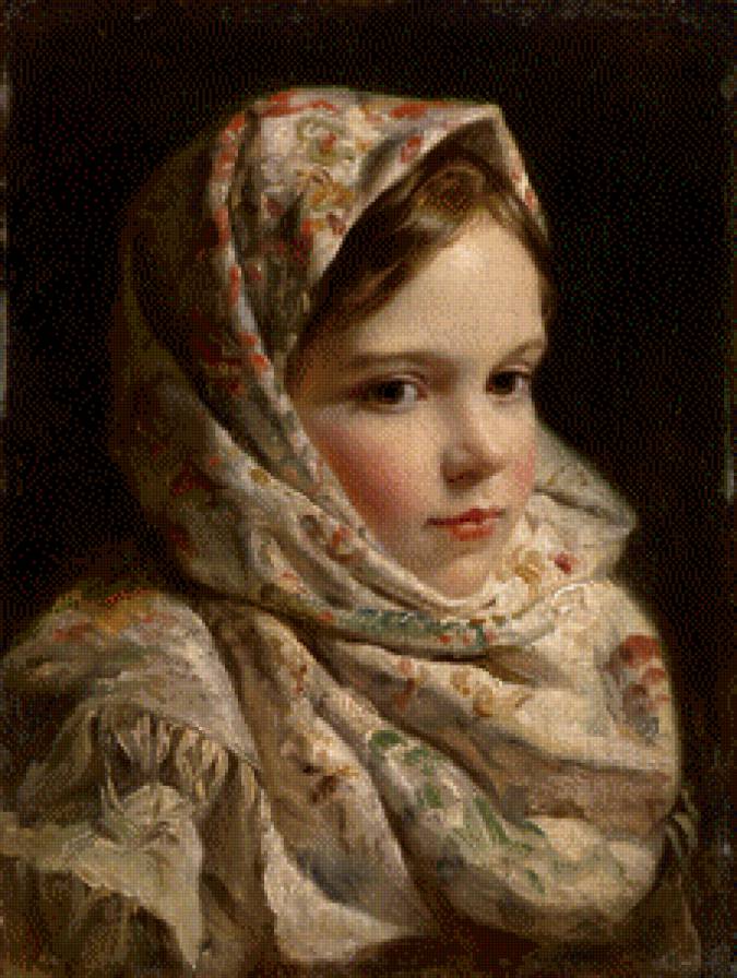 неизвестный художник - портрет девочки в павлопосадском платке - классика, портрет - предпросмотр