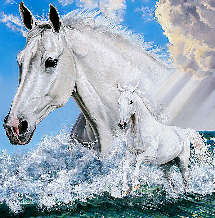 Серия "Лошади, кони" - кобылица, галоп, жеребенок, море - оригинал