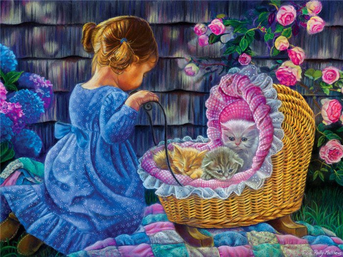 Девочка с котятами - ребенок, звери, девочка, котята - оригинал