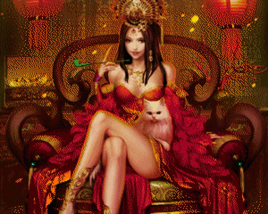 Девушка искусительница с кошкой - красивая, красное платье, девушка, кошка - предпросмотр