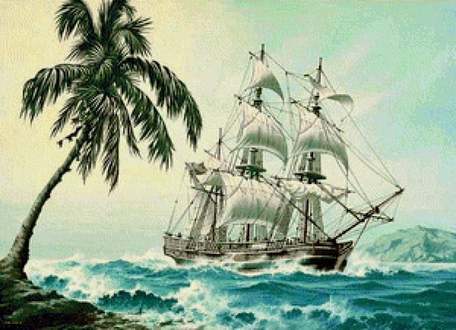 Серия "Морские пейзажи" - парусник, пальма, океан, море, остров - предпросмотр