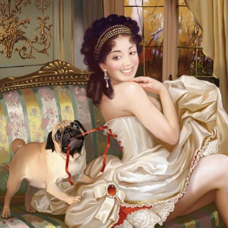 Девушка и мопс - люди, картина, собака - оригинал