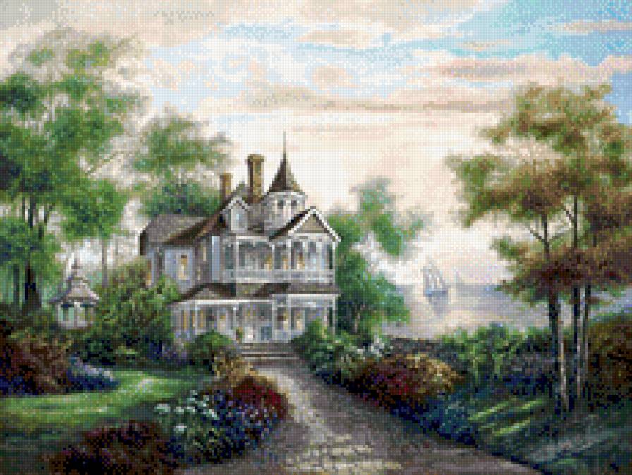 Сказочный домик-1(6) - цветы, река, пейзаж, дом - предпросмотр