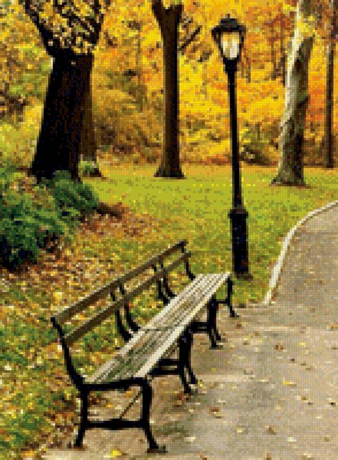 Осень в парке - скамейка, фонарь, парк, осень - предпросмотр