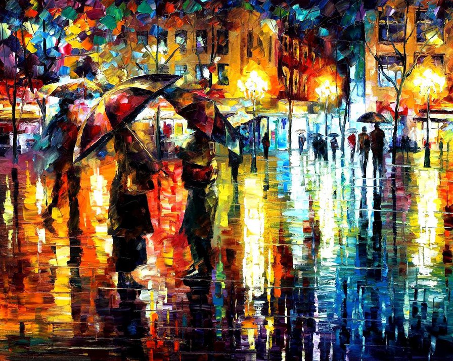 город под дождем - картина, дождь, вечер, люди - оригинал