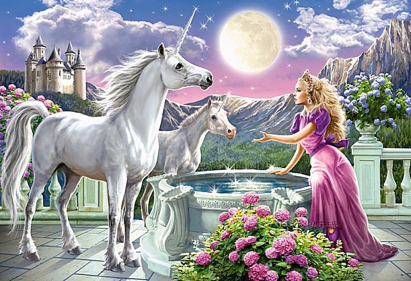 В гостях у сказки - горы, фонтан, замок, фентази, единорог - оригинал