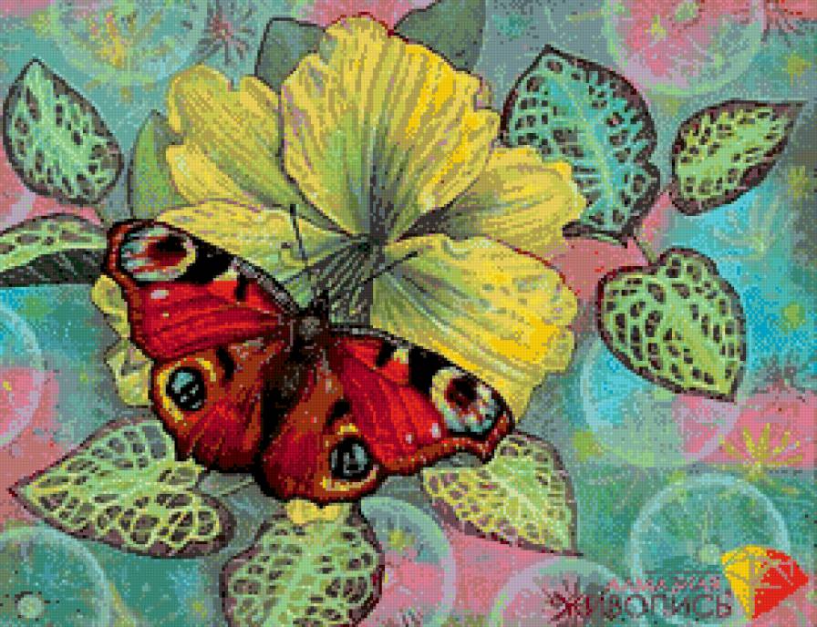 Бабочка на цветке. Эффект витража. - стекло, цветок, бабочка - предпросмотр