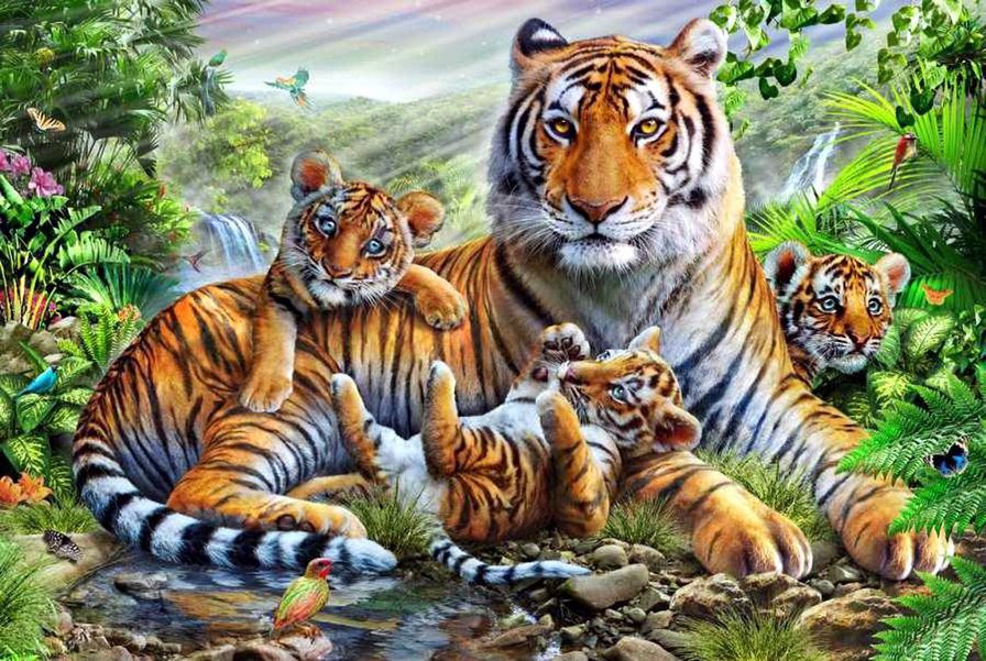 Тигриная идиллия. Семья. - семья, джунгли, тигр, тигрята - оригинал