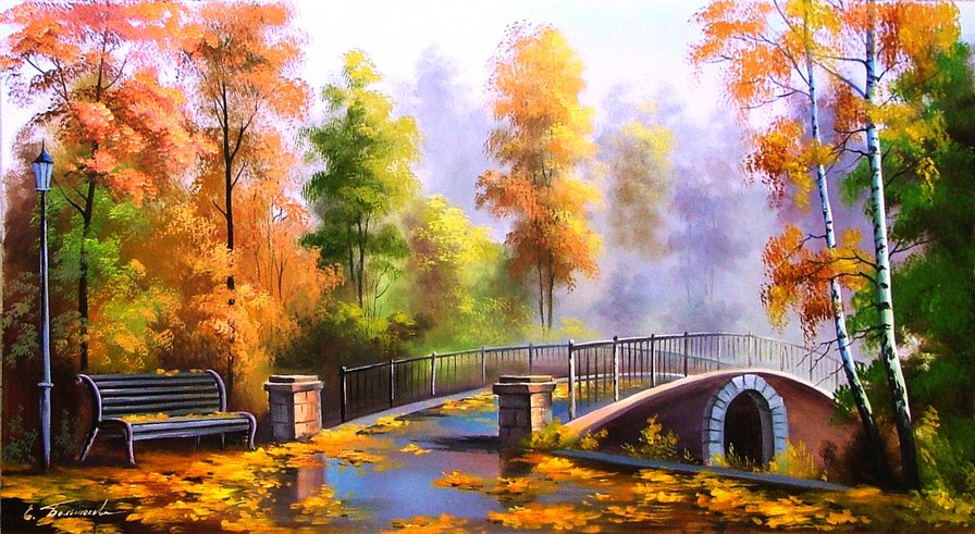осенний парк - осень, пейзаж, мостик, фонарь - оригинал