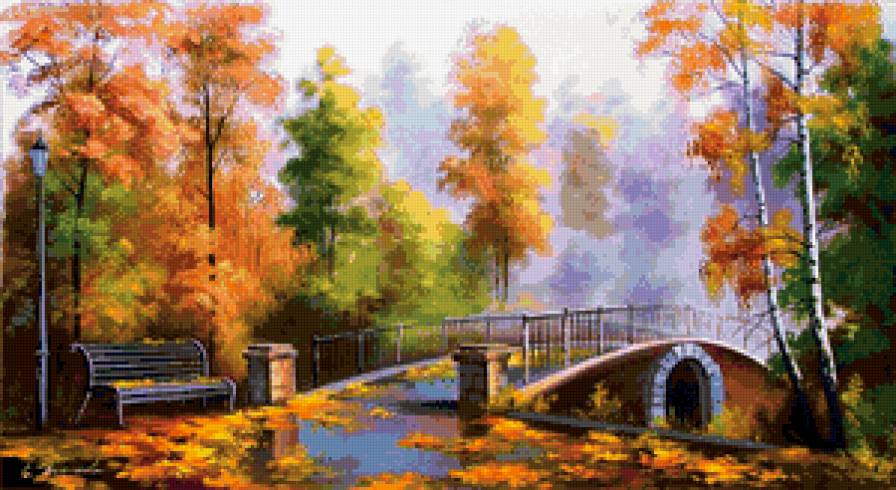 осенний парк - мостик, фонарь, пейзаж, осень - предпросмотр