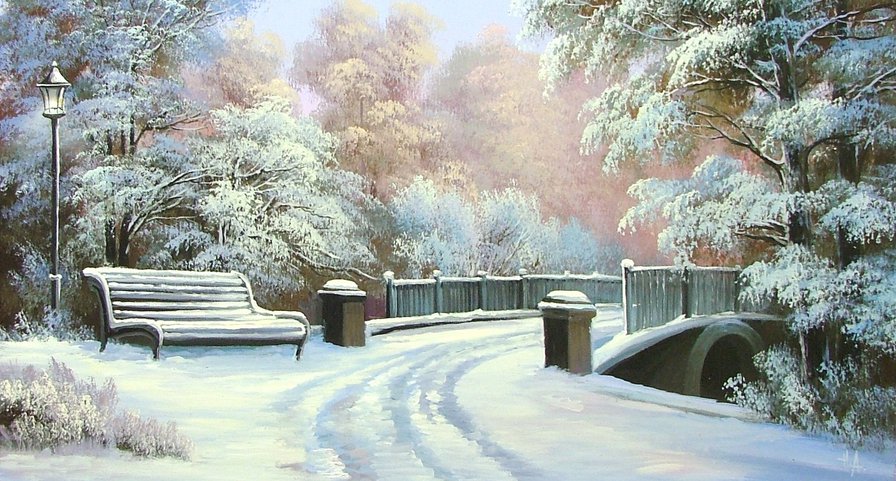 зимний парк - пейзаж, зима, снег, парк, мостик - оригинал