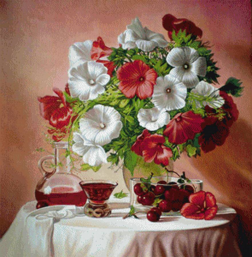 натюрморт с вишней - цветы, ягоды, натюрморт - предпросмотр