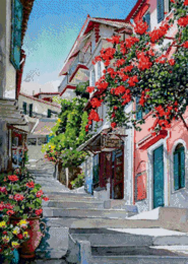 Художник Пантелис Зографос - греция, море, живопись, дорога, дома, пейзаж, цветы - предпросмотр