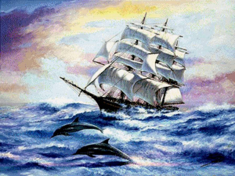 корабль и дельфины - корабли, море - предпросмотр