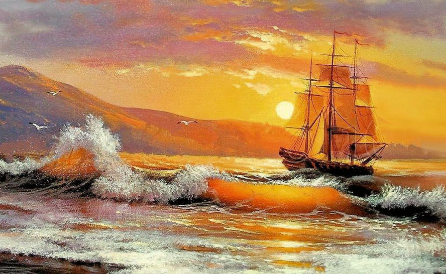 Море - закат, корабль, море - оригинал