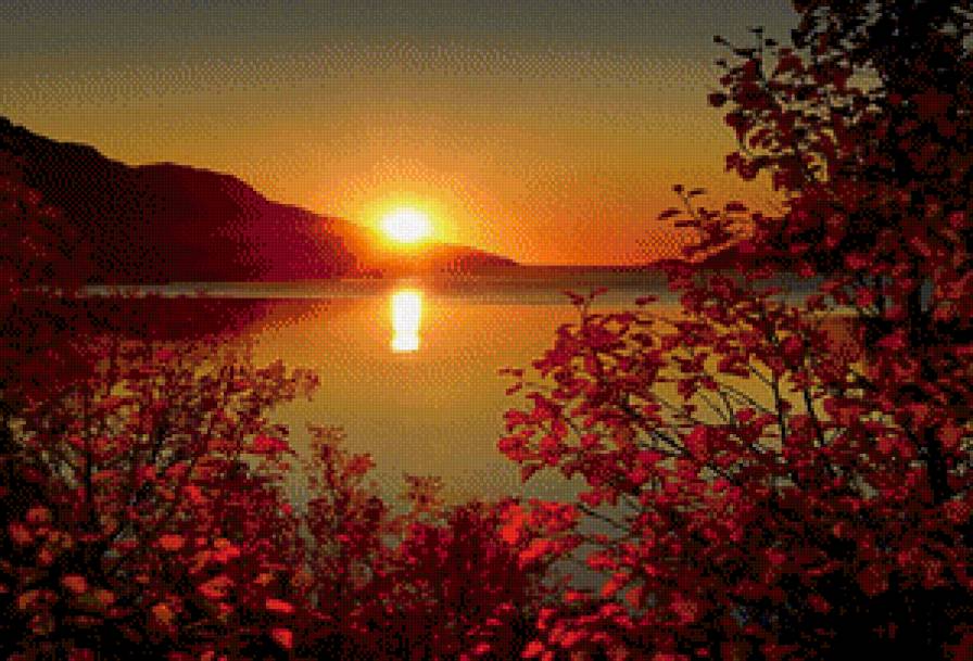 закат - солнце, пейзаж, осень, река, небо, облака, кусты - предпросмотр