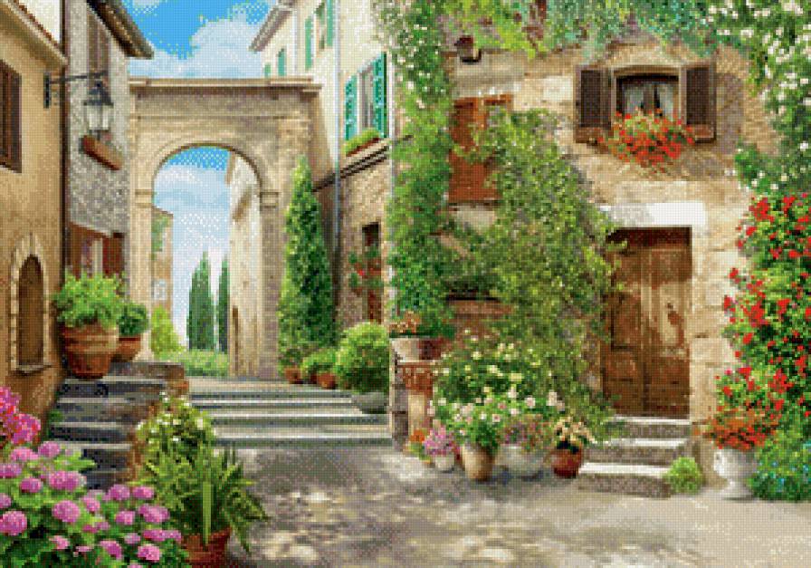 красочный дворик - пейзаж, цветы, домики - предпросмотр